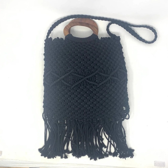 Danielle Nicole Macrame Fringe Tassel Wooden Handle Crossbody Bag in Black - Picture 3 of 10